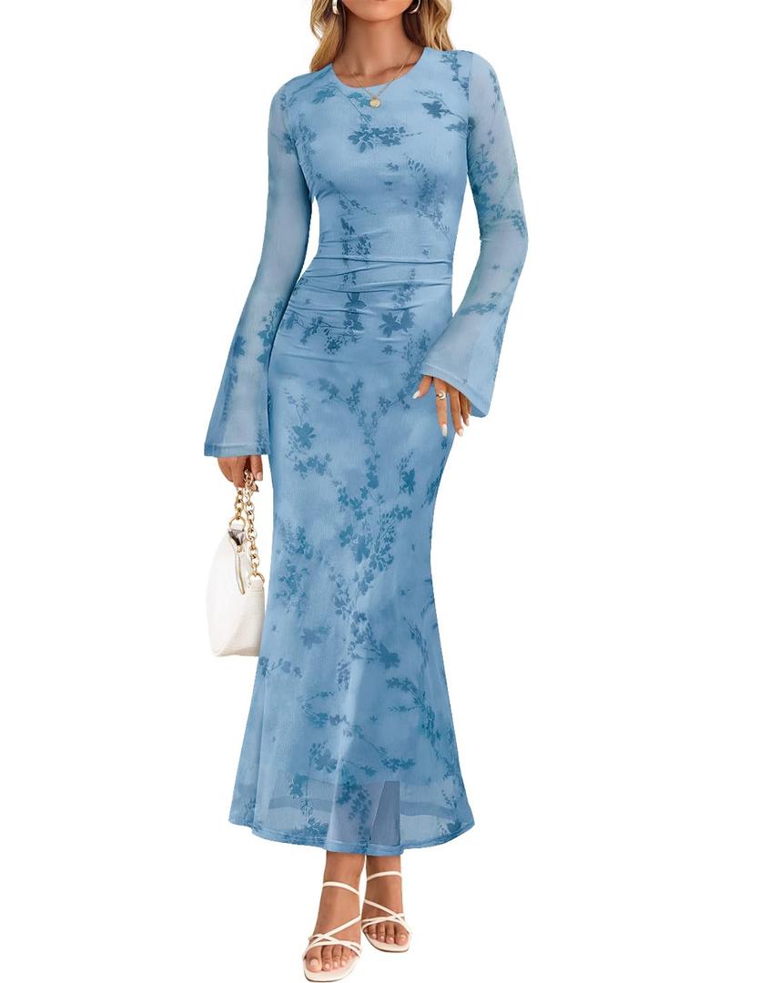 ZESICA Women's Long Sleeve Floral Bodycon Dress 2026 Spring Fall Ruched Mesh Wedding Guest Cocktail Party Maxi Dresses, Light Blue, S