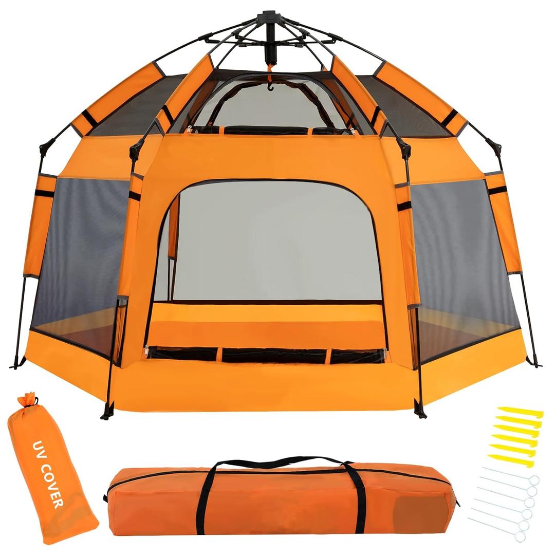 Baby Pop Up Playpen with Canopy, Pop Up Baby Pop Up Tent with Safety Lock, Portable Toddler Play Yard with Travel Bag, 6 Ground Stakes, 6 Sand Stakes (Orange)