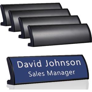 5Pcs Name Plate Holder for Desks, 2.36'' x 8'' Curved Sign Holder Stand for Table Display, Aluminum Nameplate Stand with Plastic Film - Black