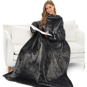 THREE POODLE Sherpa Wearable Blanket with Sleeves for Adults, Super Soft, Warm Cozy Plush Sleeved Throw Blankets with Arms, Grey