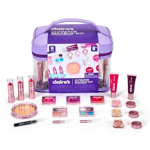 Claire's Ultimate Makeup Kit, 18-Piece Real Cosmetic Set, Makeup for Kids 8-12, Girl Toys & Beauty Activity Gift with Lip Gloss, Lipstick, Eyeshadow, Eyeliner, Blush, Highlighter & Carry Case