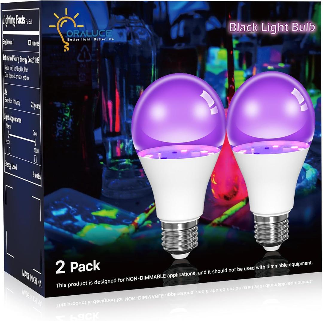 ORALUCE LED Black Light Bulb, 60 Watt EquivalentA19 UV Light Bulb UVA Level 385-400nm, E26 Blacklight for Body Paint, Party, Halloween, Fluorescent Poster, 2 Pack