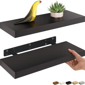 Ballucci Floating Shelves, 2-Pack 16" Wood Wall Shelf Set with Invisible Brackets for Bathroom, Living Room, Bedroom, Kitchen, Nursery, 6" Deep, Black