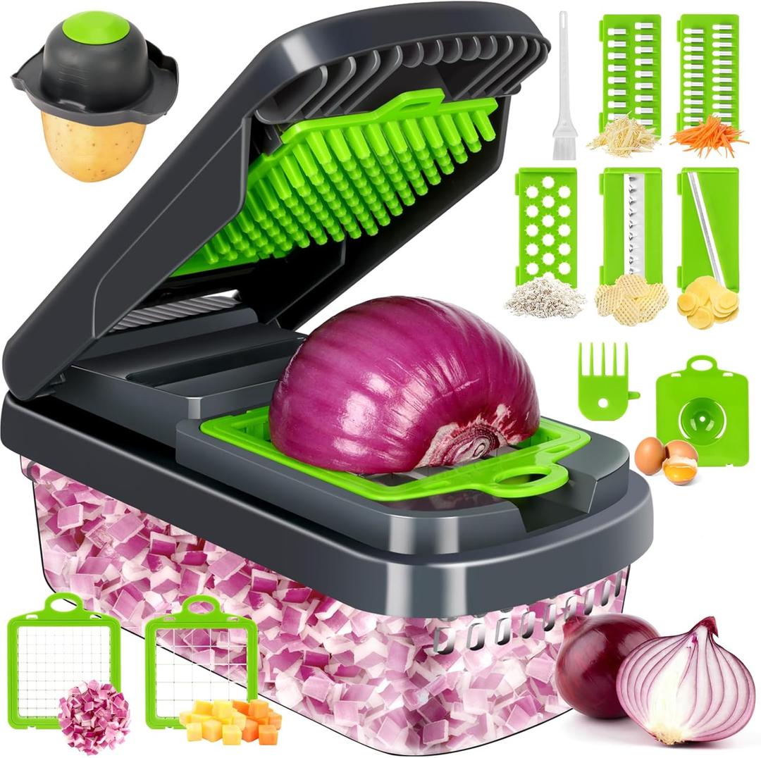 Vegetable Chopper,12-in-1 Multifunctional Food Chopper, Professional Onion Chopper with 7 Blades, Vegetable Cutter with Container for Salad, Potato, Carrot, and Garlic; Essential Kitchen Tool (Grey)