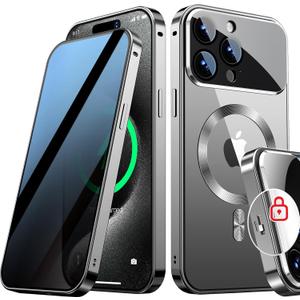 [Full Camera Protection& Mechanical Lock] Magnetic Privacy Case for iPhone 15 Pro Max[Compatible with MagSafe] [CD Metal Ring] Full Body Metal Bumper, 9H Anti Peeping Glass Cover-Grey