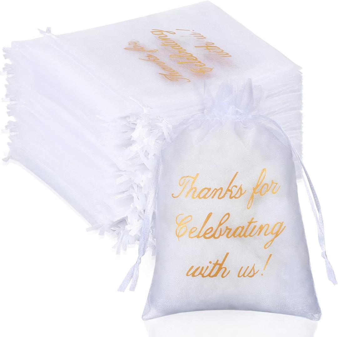 Riakrum 100 Pcs Sheer Organza Bags Wedding Favor Mesh Drawstring Bags Thank You Gift Bag for Guests Candy Candy Gift Bag for Wedding Favors, Bridal Shower, Anniversary, Birthday(4 x 6 Inch,White)
