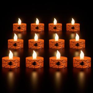 2 x Wondise Halloween Tea Lights 6H Timer Flameless Votive Candles Battery Operated Candles 12 Pack LED Candles Spider Web Tea Lights for Fall Indoor Halloween Decoration(1.5" D x 1.4" H)