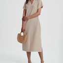Women's Polo V Neck Midi Dress Short Sleeve RIC Rac Loose Split Long Shirt Dress Khaki (XL)