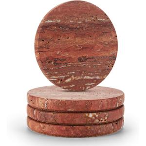 WORHE Marble Coaster for Drinks 4" Diameter Set of 4 Round Travertine Coasters for Home Decor Office Parties Birthday Housewarming Gift, Protect Countertops from Dirty,Sturdy and Tough Red (WH026)