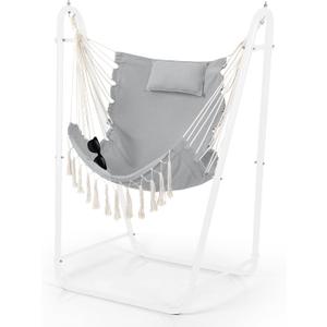 Hammock Chair with U Shape Stand, Cotton Swing Chair with Side Pocket, Heavy-Duty Metal Frame with Hanging Seat, Multi-Functional Swing Stand for Indoor and Outdoor Patio (White+Light Gray)