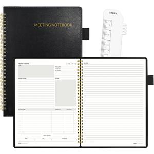 SUNEE Half Meeting Half Note - 7.5"x10" Professional Notebooks for Work - 160 Pages, B5 Size Project Planner, Spiral Meeting Agenda Organizer for Women Men, Note Taking,Office with Vegan Leather Cover (Black)