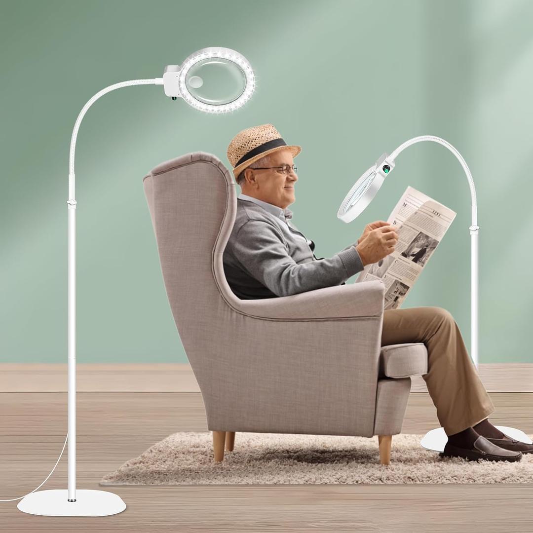 10X 30X Large Magnifying Glass with Light and Stand, 36 LED Flexible Gooseneck Floor Magnifying Lamp, Adjustable Brightness Large Lighted Magnifiers for Reading,Sewing,Crafts,Painting,DIY,White