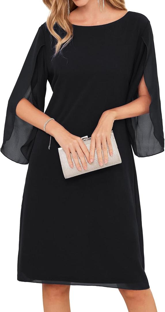 GRACE KARIN Womens Formal Wedding Guest Dress 2026 Chiffon Cocktail Dress Mother of the Bride Dresses Midi Fashion Clothing (10, Black)