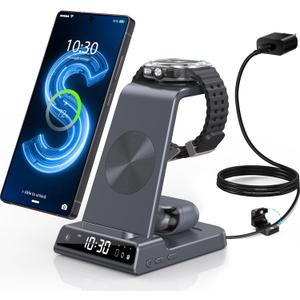 Wireless Charger for Samsung Charging Station with Clock for Samsung Galaxy S25 Ultra/S24/Z Flip 7/Z Fold 6/Bud, 3 in 1 Android Charging Station, Watch Charger for Samsung Galaxy Watch 8/7/6/5 (Grey)