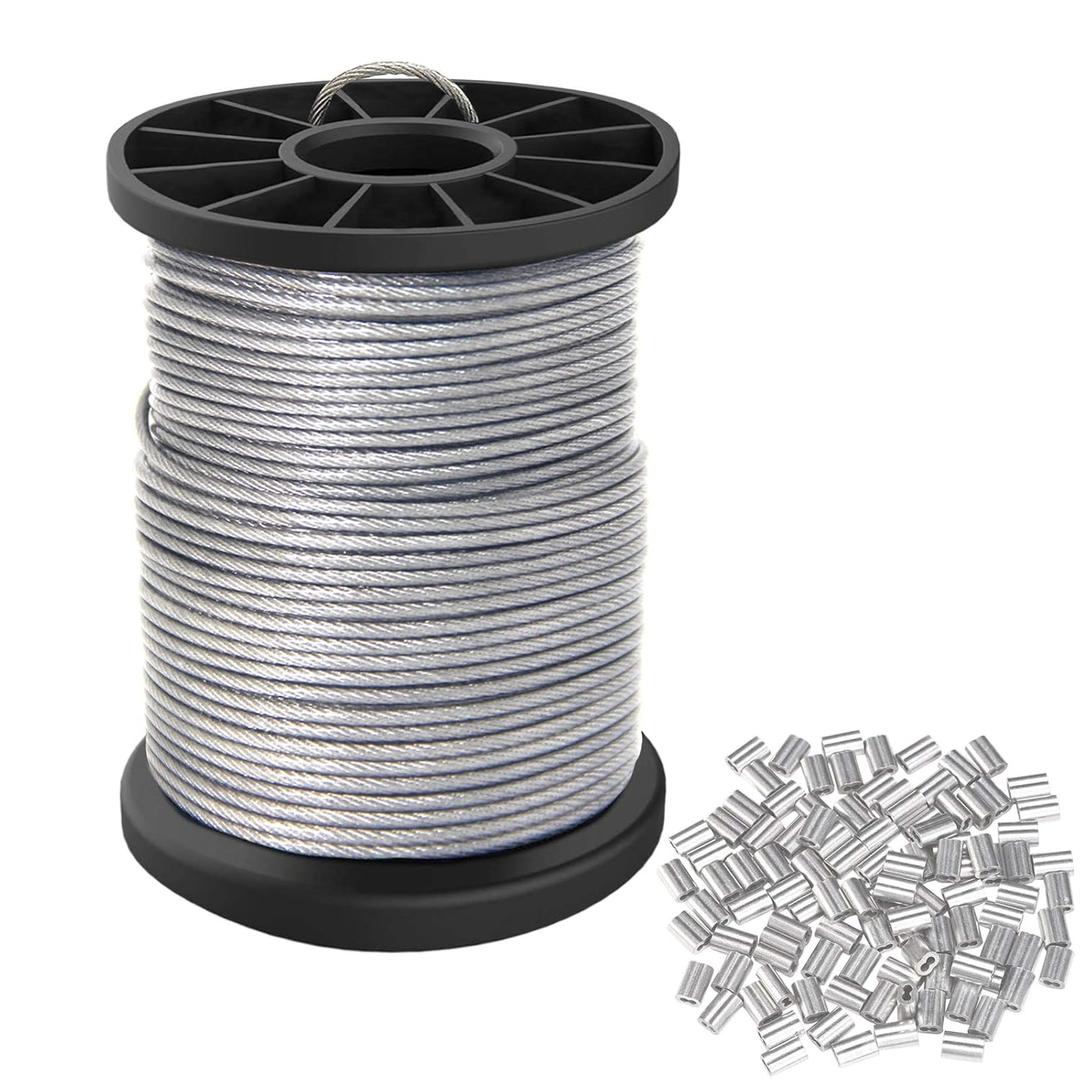 Vinyl Coated Picture Hanging Wire 1.5mm Up to 150lbs,100 Feet(30.5M) Stainless Steel Picture Wire Spool with 40Pcs Aluminum Crimping Sleeves,Heavy Wire for Hanging Picture Frame,Artwork,String Light