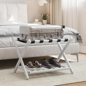 Smart FENDEE Fully Assembled White Bamboo Luggage Rack, 5 Straps Folding Suitcase Stand with Shoe Shelf, Heavy Duty Wood Large Luggage Holders for Guest Room, Bedroom, Hotel