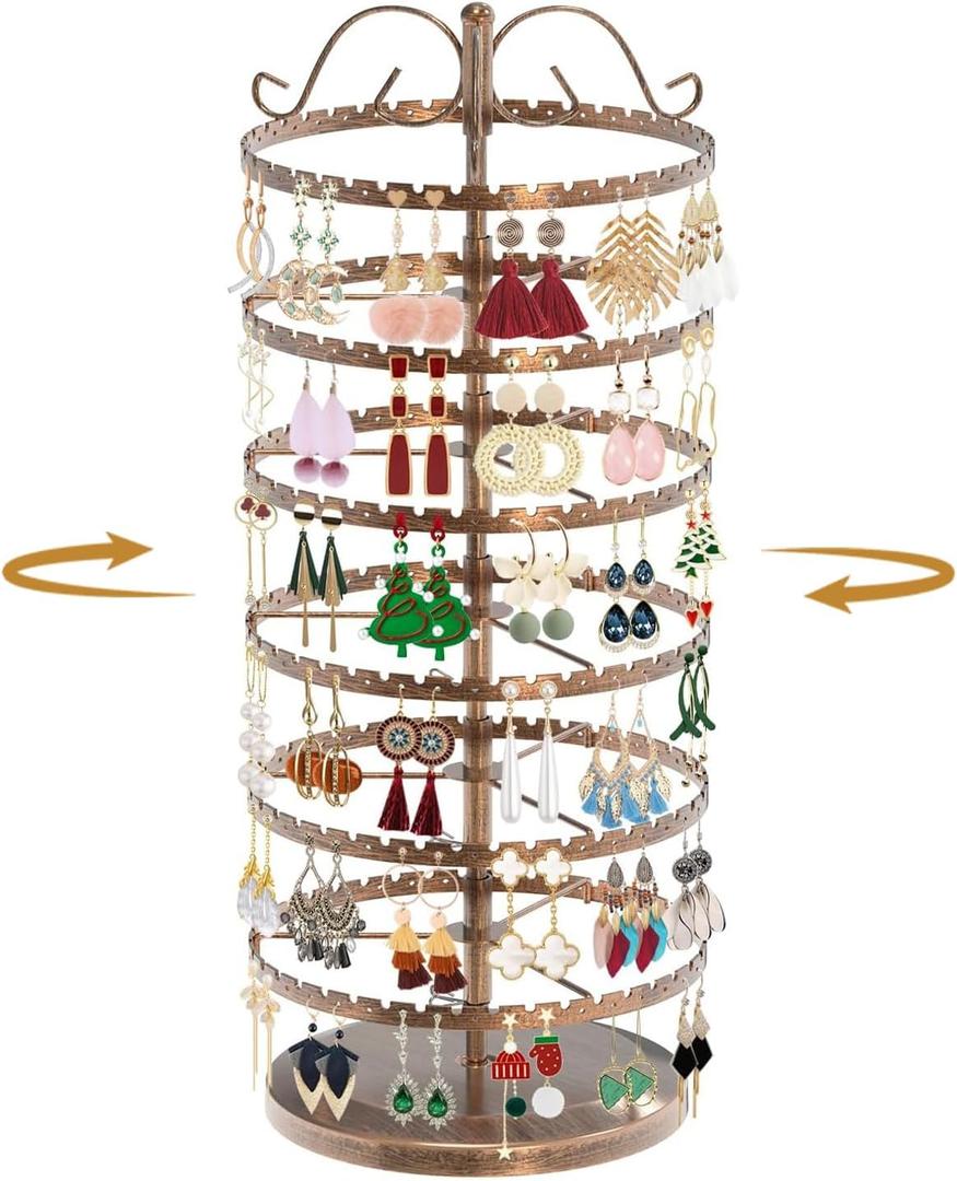 6 Tier Rotating Earring Holder Organizer Stand, Adjustable Metal Display Tree Rack for Women, 480 Hole and Groove Large Storage for Pierced Stud Dangle Hoop, Compact for Small Dresser, Bronze