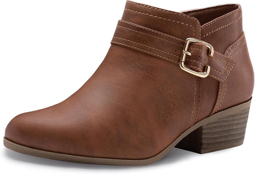 Athlefit Women's Chunky Low Heel Ankle Boots Classic Pointed Toe Side Zipper Booties (9, Brown)