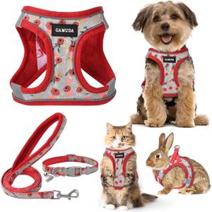 GAMUDA Small Dog Harness Collar and Leash Set, Step in No Chock No Pull Soft Mesh Adjustable Dog Vest Harnesses Plaid Reflective for Dogs Puppy Cats Kitten Rabbit (Red Flower, M) (Medium)