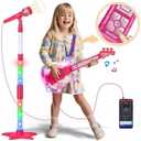 Kids Guitar and Microphone Set, Microphone with Stand and Color Light, Toy Guitar with Strap and Adjustable Volume, Toddler Musical Instrument for 5-9, Kids Karaoke Machine for Boy Girls (Pink)
