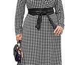 WDIRARA Women's Plus Size Houndstooth Print Round Neck 3/ 4 Sleeve Tie Belted Maxi Dress Black and White One 2XL