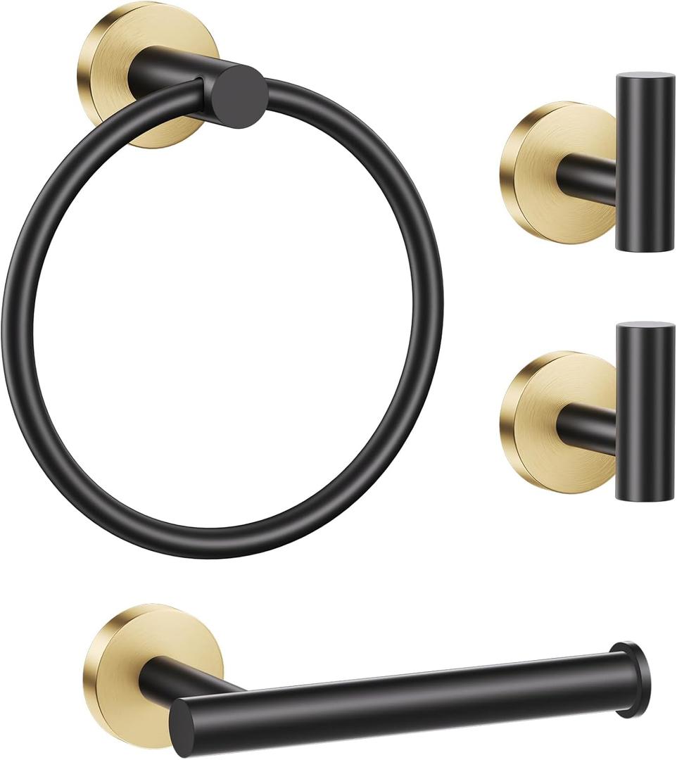 Lairuier Bathroom Hardware Set, 4-Piece Towel Holder Set Include Toilet Paper Holder,Towel Ring and 2 Towel Hooks Stainless Steel Wall Mounted Bathroom Hardware Accessories Set (Black and Gold)