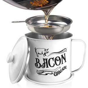 1.3L Bacon Grease Saver Container with Fine Mesh Strainer,Stainless Steel Oil Keeper Can for Bacon,46oz Large Rustic Farmhouse Fat Container, Keeper, Recipes, Dishwasher Safe, White