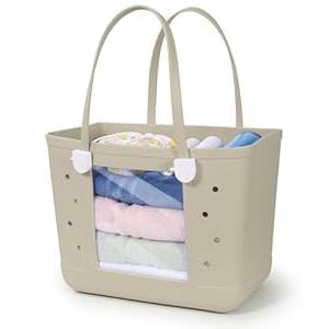 Lightweight Rubber Beach Bag XL Transparent Window Travel Tote Bags (Almond Birch)