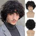 Men's Short Curly Black Wig with Bang Synthetic Cosplay Halloween Costume Party Natural Hair Wig
