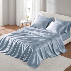 Madison Park Satin Sheets Cal King Size, Luxurious Silky Bed Sheets, Elastic 14" Pocket fits up to 16" Mattress, Wrinkle-Free, Soft Satin Bed Sheet Set, Blue 6 Piece