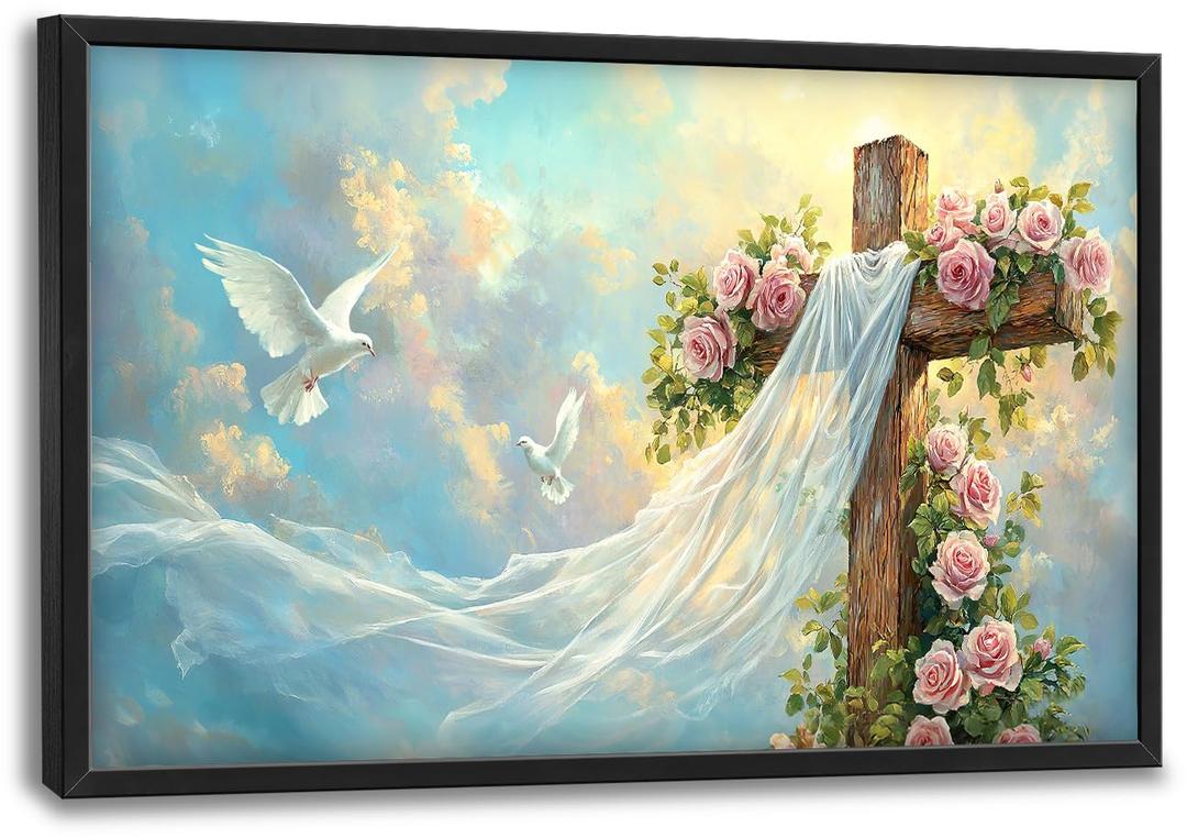 Christian Cross Large Wall Art Religious Faith Hope Pictures Wall Decor Dove Flowers Heaven Canvas Painting Prints Framed Artwork Home Church Decorations for Prayer Bedroom Living Room 36"x24"