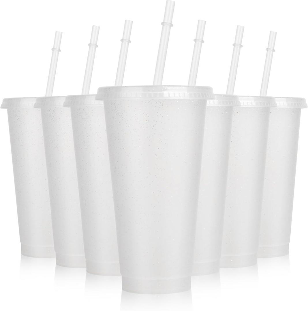 Hooqict 7 Pack Reusable Plastic Cups with Lids and Straws 24oz Tumbler Water Iced Coffee Cups Smoothie Cold Drink Cups for Summer, Birthdays, Sleepover Party Supplies (Clear)