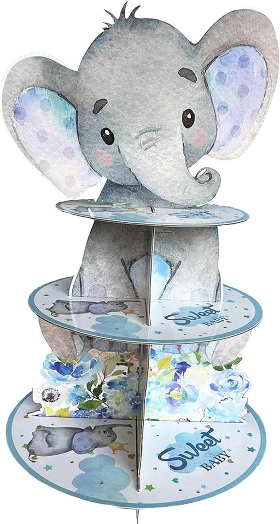 Blue Elephant Cupcake Stand Baby Boy Baby Shower Decorations 3 Tiered Dessert Cake Table Displays Eelephant Birthday Party Decorations Baby Shower Decorations for Boy
