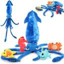 5Pcs Giant Squid Stuffed Animal 41.3" with Small Marine Clownfish,Crab, Seahorse, Angler Fish Baby Plush Toys, Adorable Bulk Ocean Animal Plushies Gifts for Squid Toys Lover,Kids,Boys,Girls