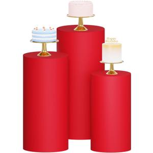 Cylinder Pedestal Covers Set of 3 Christmas Red Cylinder Stand Covers for Parties, Wedding, Birthday Cake