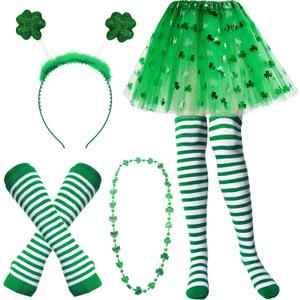 Unittype St. Patrick's Day Costume Set Striped Socks Arm Warmer Gloves 3 Layered Tulle Tutu Shamrock Headband Necklaces