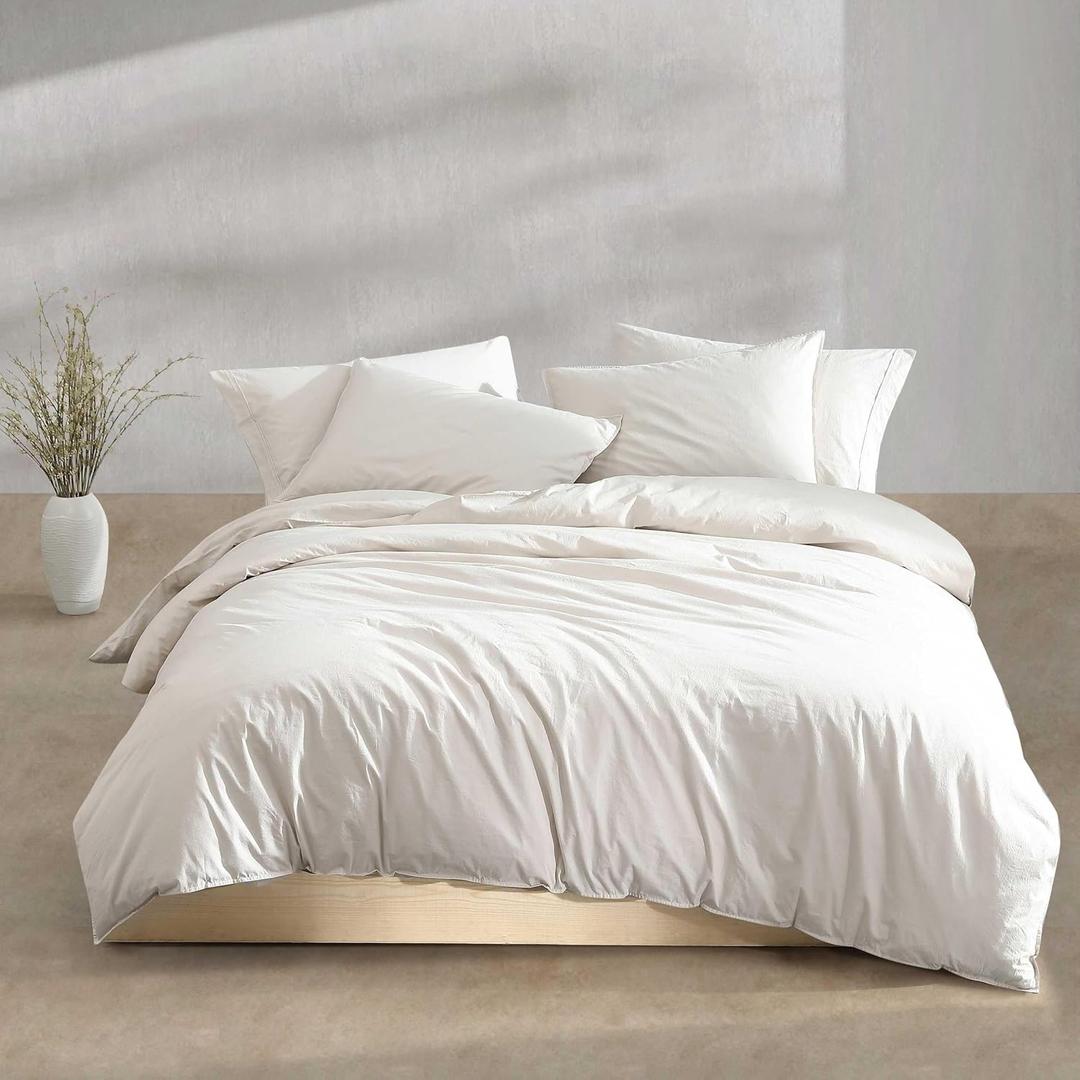 Calvin Klein - King Comforter Set, Modern Cotton Washed Percale Bedding with Matching Shams, Oeko-Tex Certified (Washed Percale Light Beige, King)