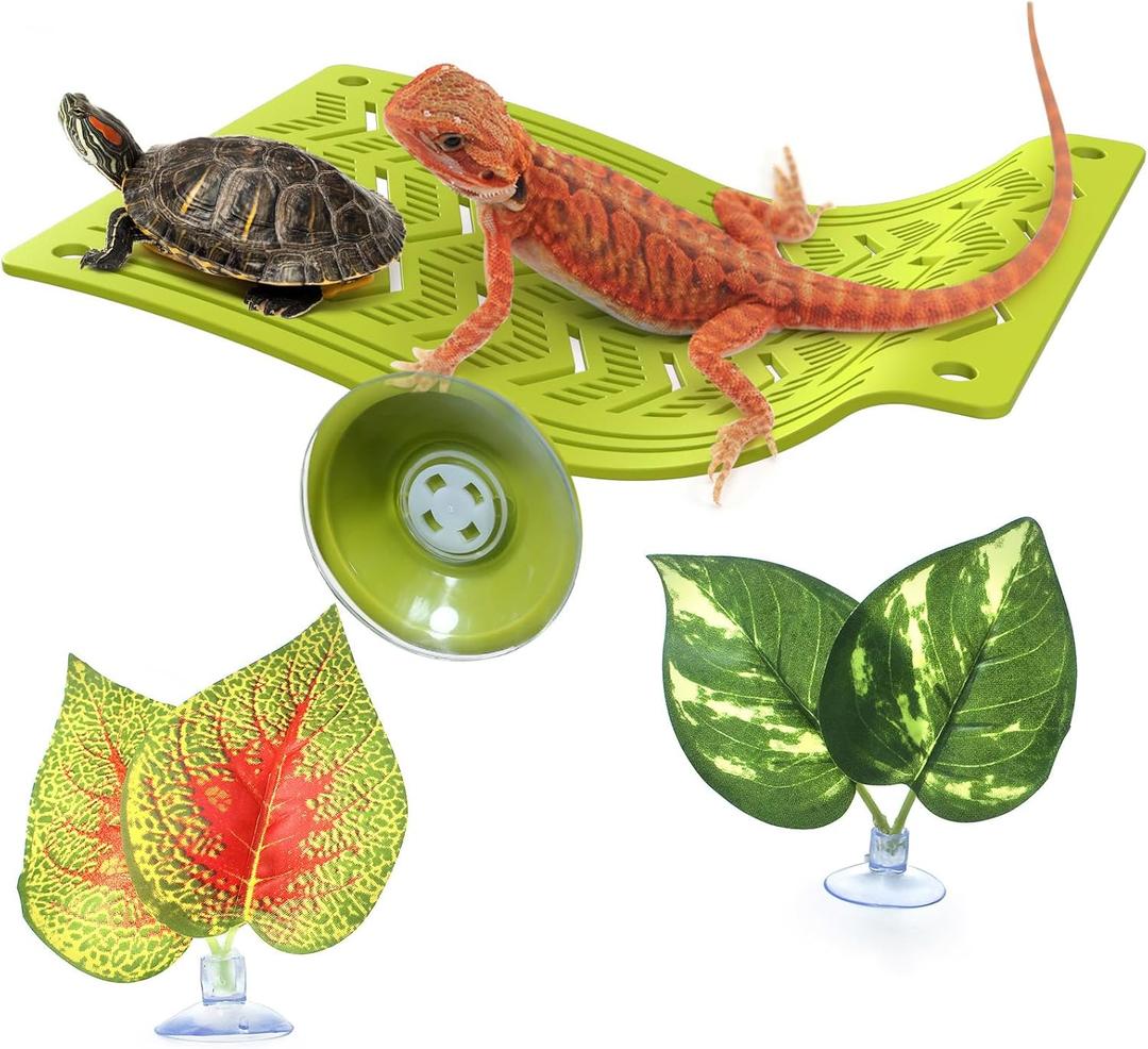 Reptile Hammock with Suction Cups & Tie Straps  Dual Mounting Pet Lizard Lounger for Terrariums  Includes 2 Suction Cup Leaves  Climbing Basking Platform for Snakes, Geckos, Turtles (Green, Small)