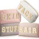 Cunno 4 Pcs Preppy Makeup Bags Chenille Letter Stuff Bag Nylon Cosmetic Pouch Cases with Zipper for Women Travel Toiletry (Light Apricot)