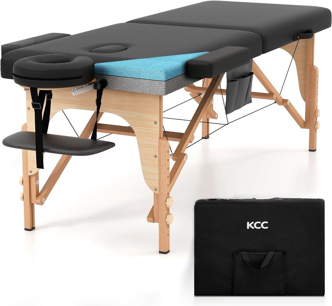 KCC Memory Foam Massage Table Premium Portable Foldable Massage Bed Height Adjustable, 84 Inches Long 28 Inchs Wide Home Salon Spa Bed Tattoo Table with Accessories &Carrying Case, Easy Set Up, Wooden Leg