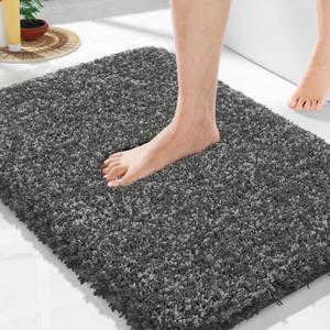 Yimobra Bathroom Rugs Non Slip Washable 24x17, Ultra Soft and Water Absorbent Bath Mats, Plush Fluffy Shower Mat Outside, Microfiber Thick Matts for Bathroom Floor/Sink, Light Gray and Black Gray