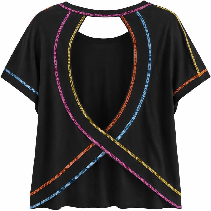 LilyCoco Women Open Back Workout Tops Loose Fit Criss Cross Short Sleeve Athletic Shirts (Black, M)