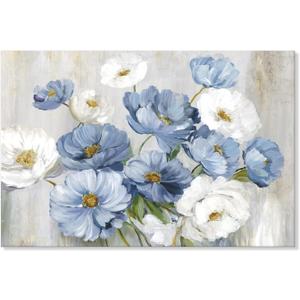 Goldfoilart Blue Flower Picture Wall Decor White Floral Wall Art for Living Room Canvas Modern Bathroom Paintings Large Framed Artwork Prints for Bedroom Bathroom Office 36" x 24"