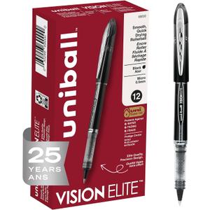 uni-ball Vision Elite Rollerball Pens Fine Point Micro Tip, 0.5mm, Black, 12 Pack