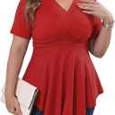Gocolloa Plus Size Tops for Women Summer Short Sleeve V Neck Casual Shirts Dressy Pleated Wrap Tunic Top Blouses (Red)