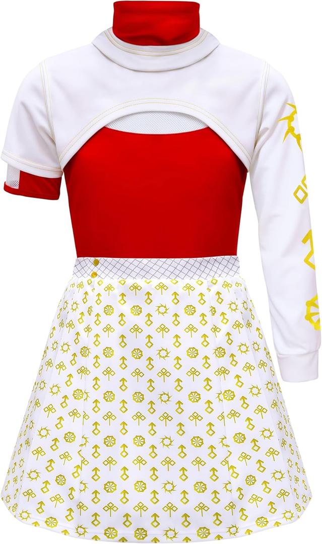 Zombie Girls Costume Kids Character Halloween Cosplay Cheerleader Mesh Top Pant Hooded Coat 3PCS Uniform Outfits (9-10 Years, Skirt-white Red)