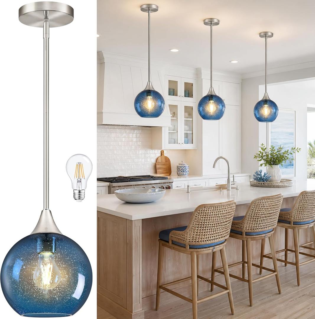 8" Blue Glass Modern Pendant Light Kitchen Island Mid Century Brushed Nickel Modern Pendant Lighting with Glass Globe Modern Hanging Pendant Light for Dining Room FoyerBulb Incl.