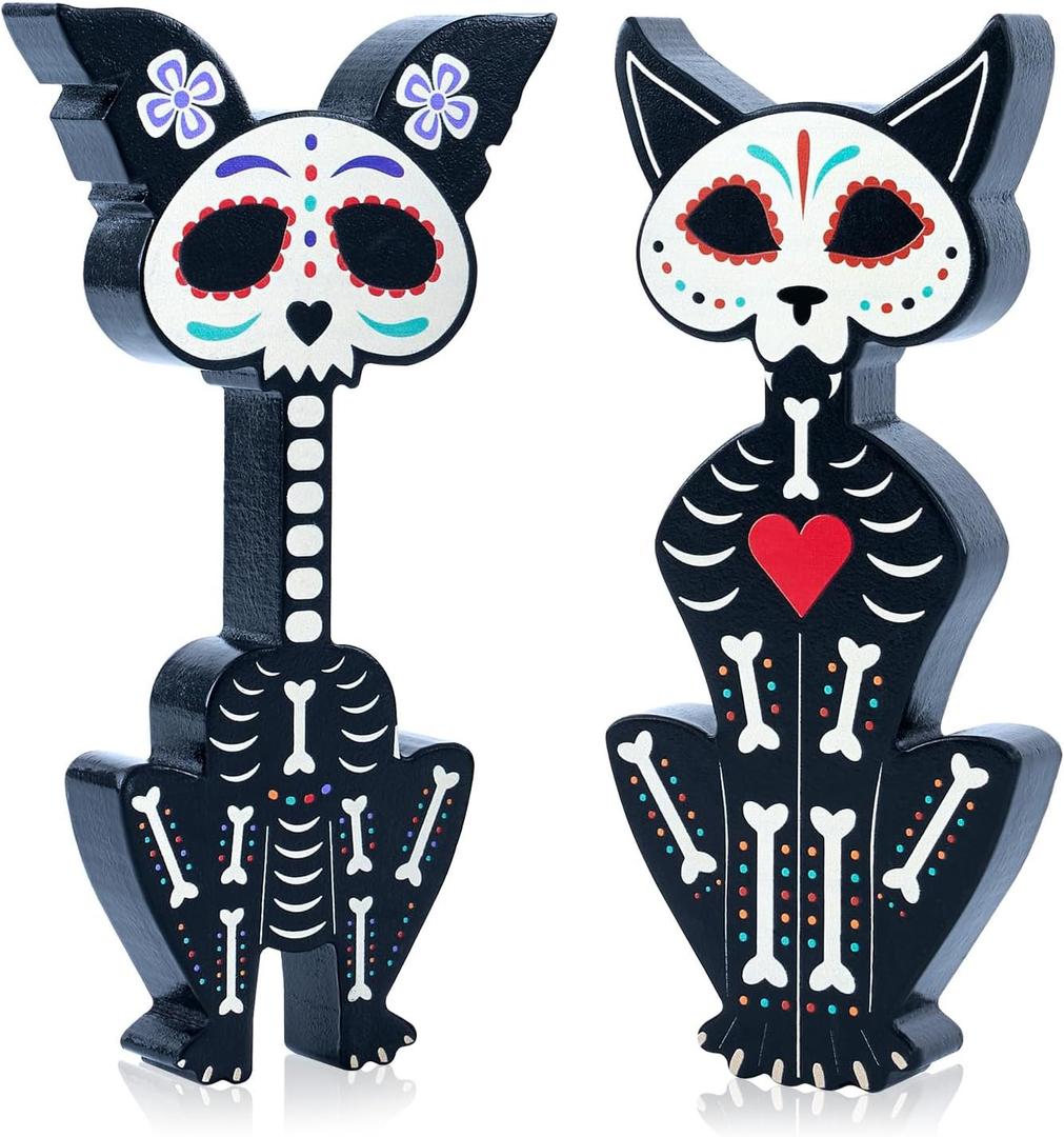 2 Pcs Day of The Dead Skeleton Cat and Dog Figurines, Dia De Los Muertos Wooden Table Decoration, Black Altar Sugar Skulls Tabletop Sign for Mexican Halloween Home Tiered Tray Decor Desk Mantle