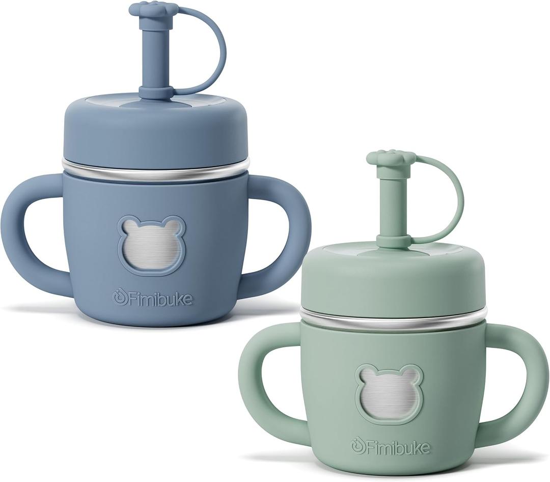Fimibuke Sippy Cups for Toddlers, 10 OZ Spill Proof Kids Cup, Leak Proof Stainless Steel Tumbler with Handle, Silicone Straw & Sleeve, BPA Free Dishwasher Safe Girl Boy Kids Water Bottle, 2 Packs
