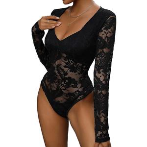 FeelinGirl Long Sleeve Bodysuit for Women Sexy Mesh V Neck Body Suits Thong Corset Top Going Out Outfits for Party, Medium